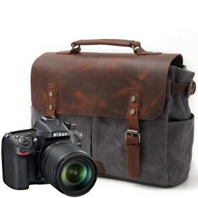  Vintage Waterproof Canvas Leather Trim DSLR SLR Shockproof Camera Shoulder Messenger Bag