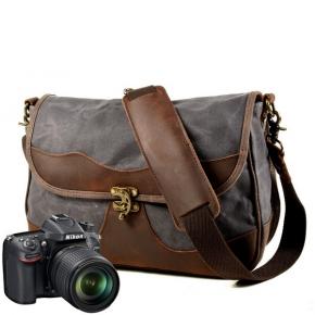 Waxed Canvas New Mens Shoulder Dslr Camera Leather Bags Canvas Messenger Bag Laptop Bag with Long Shoulder Strap 